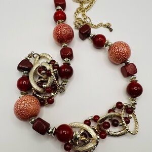 Vintage Red Beaded Necklace Gold Tone Link Statement Chunky